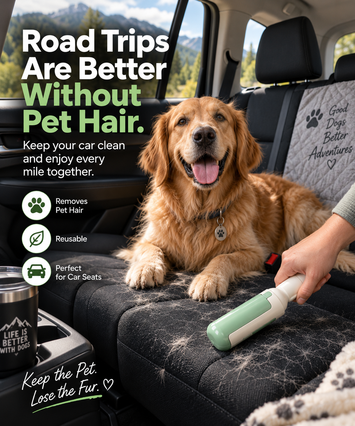 Pet Hair Remover Roller Comfy Non-Slip Handle Dog Cat Portable Pet Lint Roller Self-Cleaning Base Couch Car Seat Carpet Bedding
