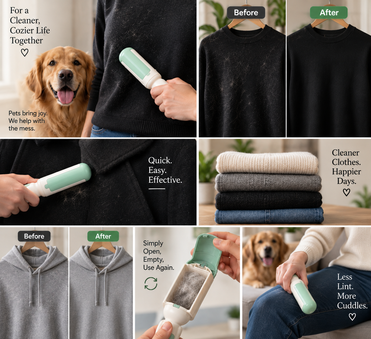 Pet Hair Remover Roller Comfy Non-Slip Handle Dog Cat Portable Pet Lint Roller Self-Cleaning Base Couch Car Seat Carpet Bedding