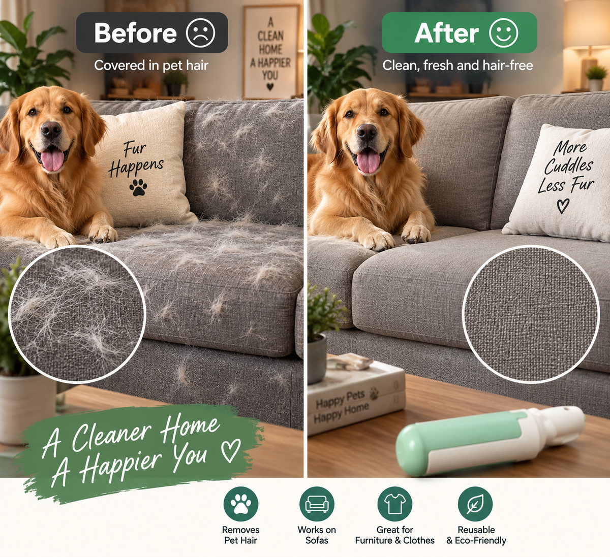 Pet Hair Remover Roller Comfy Non-Slip Handle Dog Cat Portable Pet Lint Roller Self-Cleaning Base Couch Car Seat Carpet Bedding