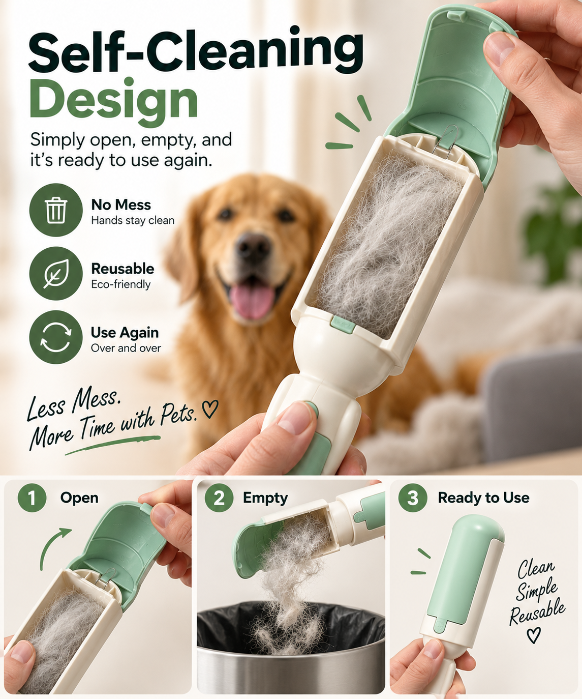 Pet Hair Remover Roller Comfy Non-Slip Handle Dog Cat Portable Pet Lint Roller Self-Cleaning Base Couch Car Seat Carpet Bedding